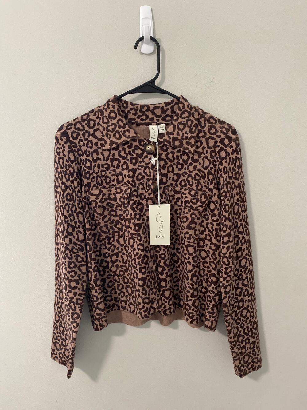 New Joie Cheetah Print Collared Cardigan Sweater Womens Large Luxe